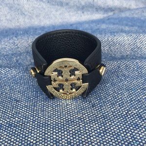 Tory Burch Black Leather Bracelet with Gold Logo
